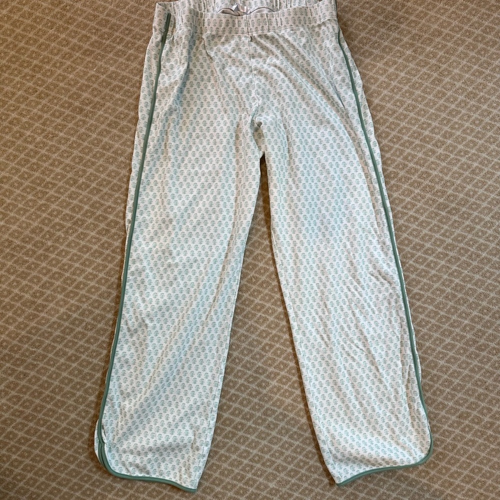 Women's LAKE Pima cotton PJ pants (M) White & Green block print & contrast trim.